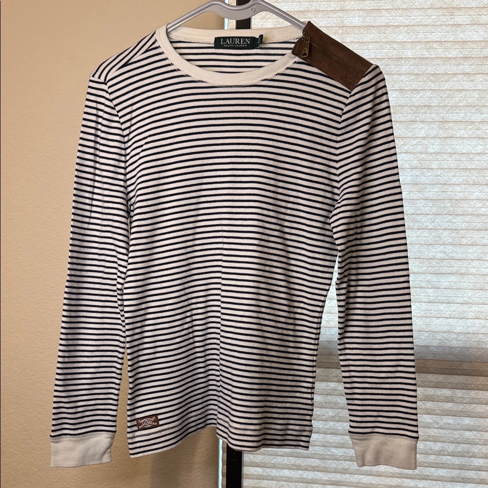 Ralph Lauren Women's Navy and White Striped Long Sleeve Top